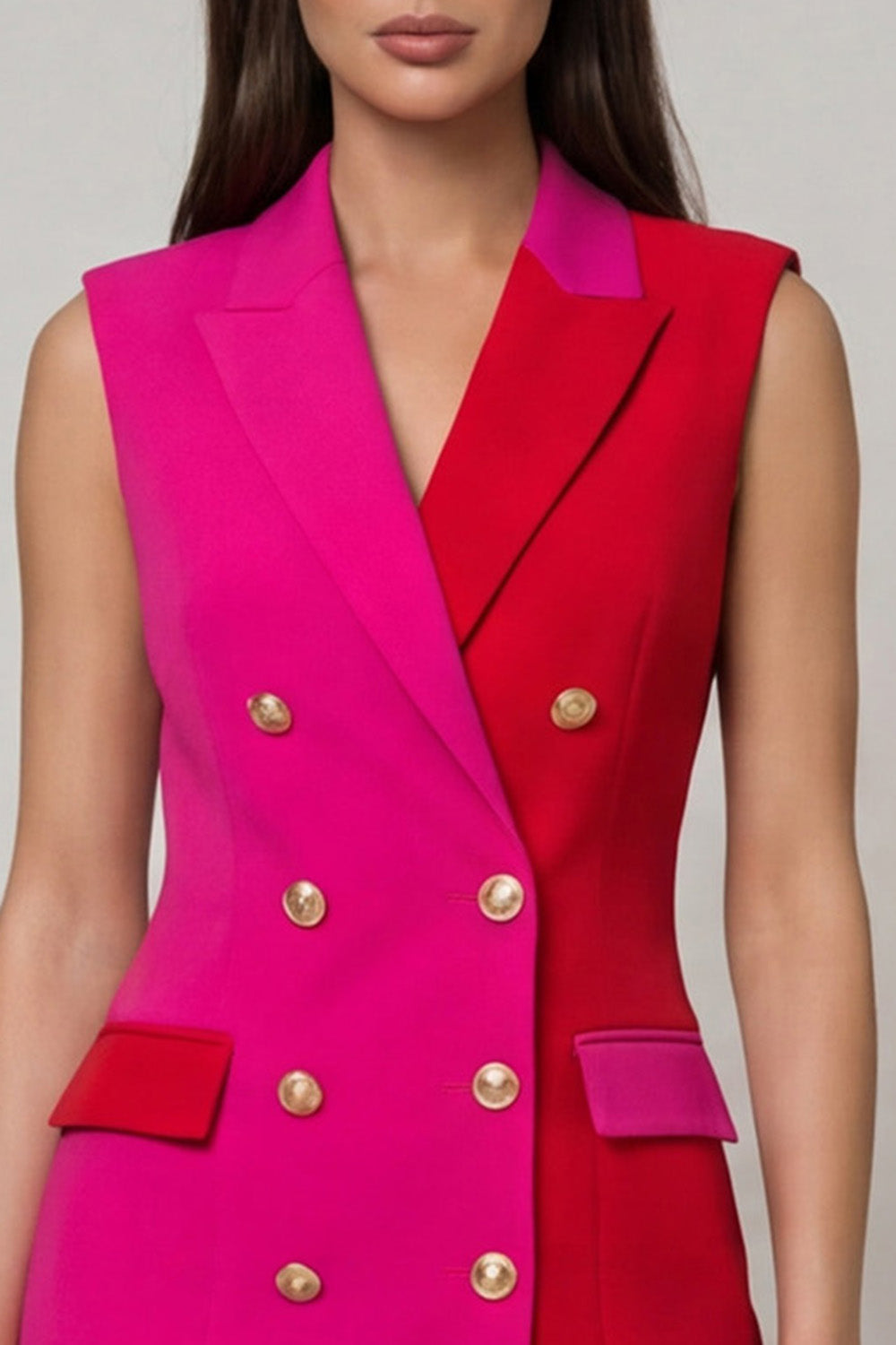 Fuchsia and Red Double Breasted Peak Lapel Color Block Patchwork Short Slim Fit Blazer Dress