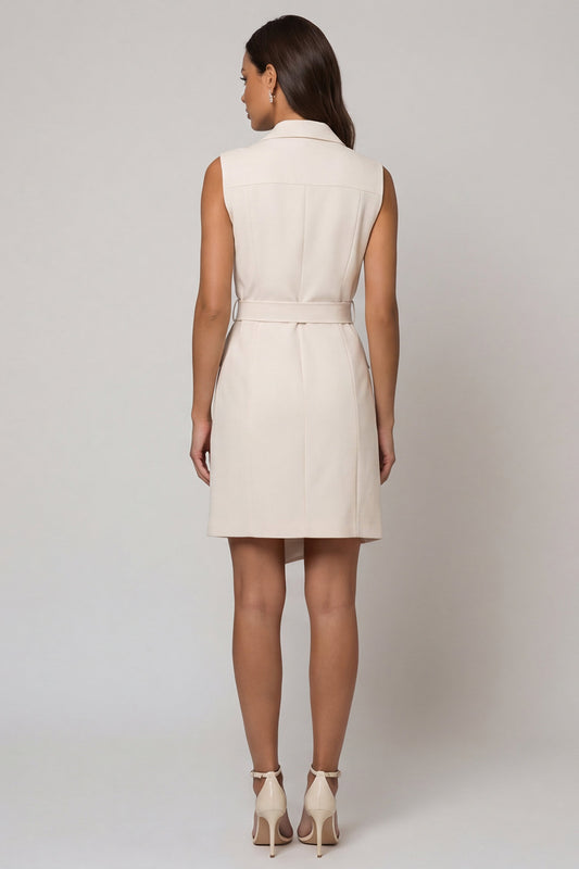 Ivory Double Breasted Peak Lapel Short Slim Fit Blazer Dress with Belt