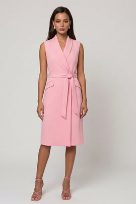 Pink Shawl Lapel Midi Work Dress with Belt