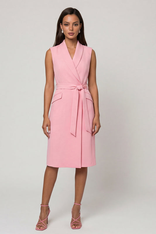 Pink Shawl Lapel Midi Work Dress with Belt