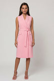 Pink Shawl Lapel Midi Work Dress with Belt
