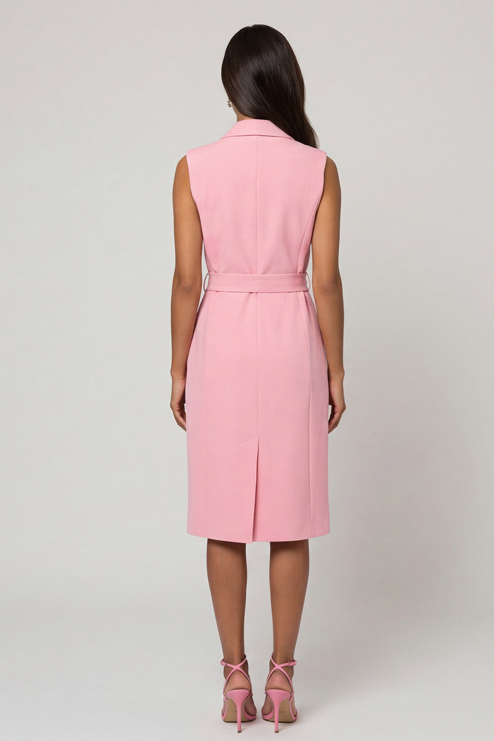 Pink Shawl Lapel Midi Work Dress with Belt