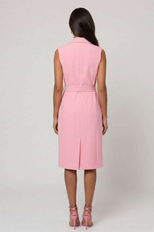 Pink Shawl Lapel Midi Work Dress with Belt