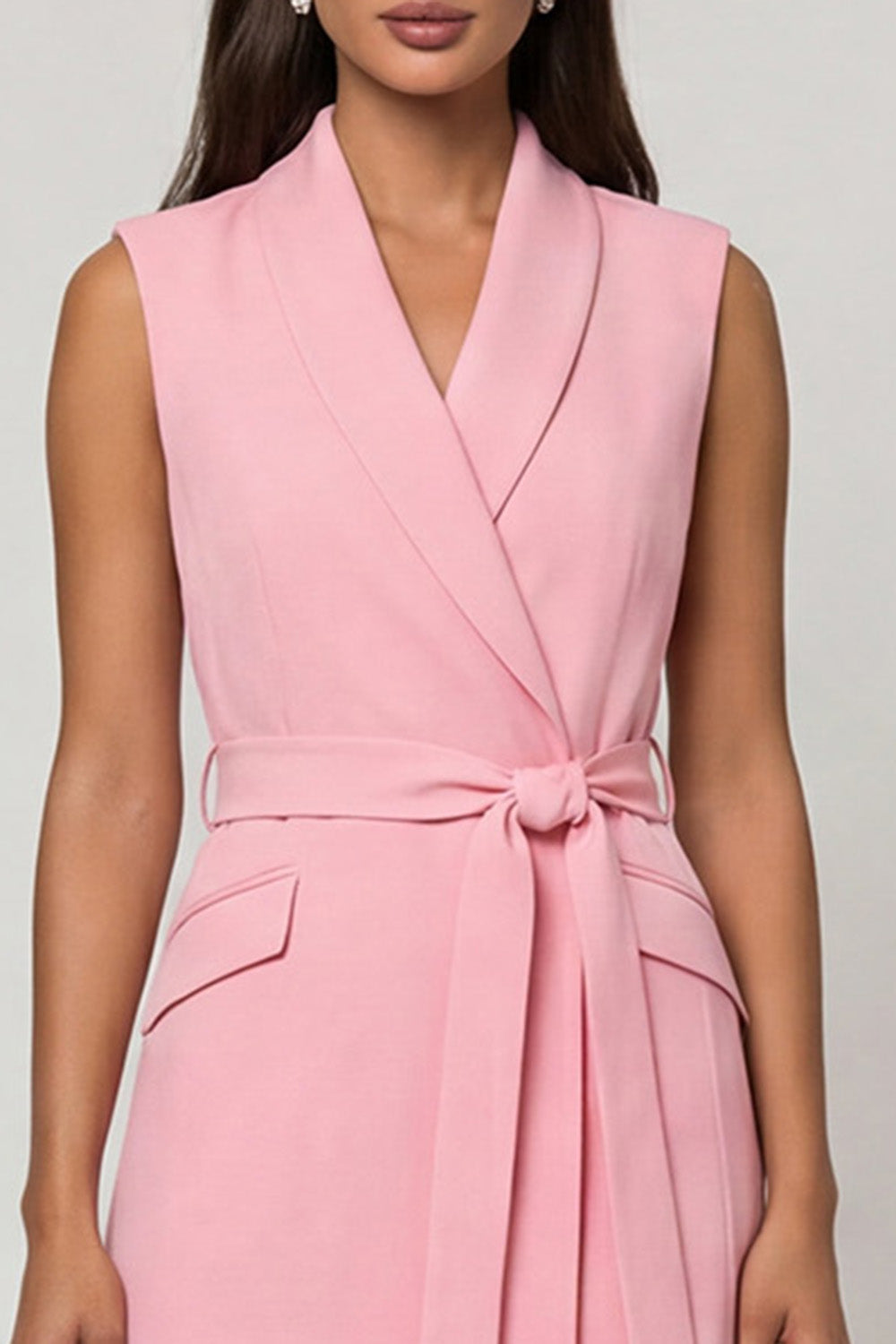 Pink Shawl Lapel Midi Work Dress with Belt