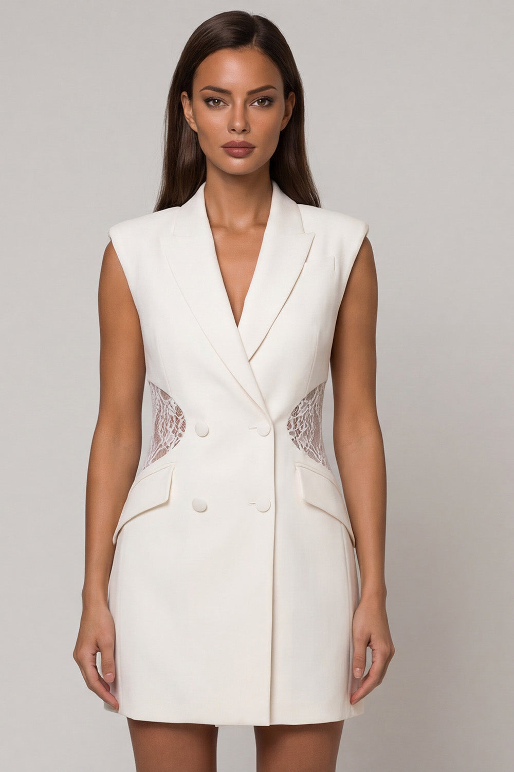 Short Double Breasted Peak Lapel White Slim Fit Blazer Wedding Dress with Lace