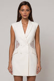 Short Double Breasted Peak Lapel White Slim Fit Blazer Wedding Dress with Lace