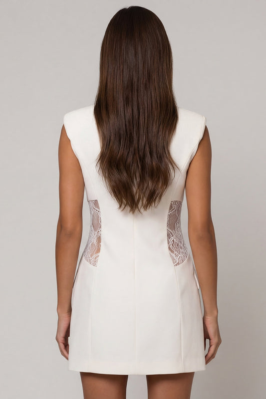 Short Double Breasted Peak Lapel White Slim Fit Blazer Wedding Dress with Lace