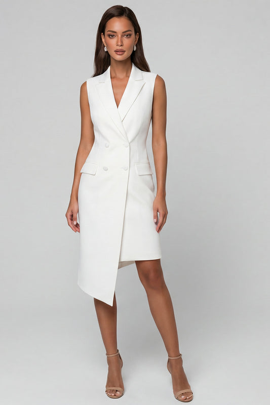Notched Lapel Double Breasted Midi White Slim Fit Blazer Dress