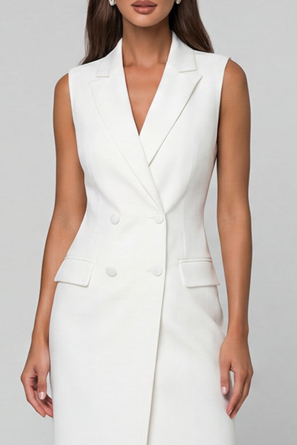 Notched Lapel Double Breasted Midi White Slim Fit Blazer Dress