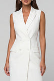 Notched Lapel Double Breasted Midi White Slim Fit Blazer Dress