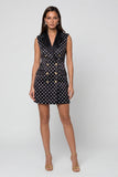 Black and White Polka Dots Double Breasted Peak Lapel Slim Fit Short Blazer Dress