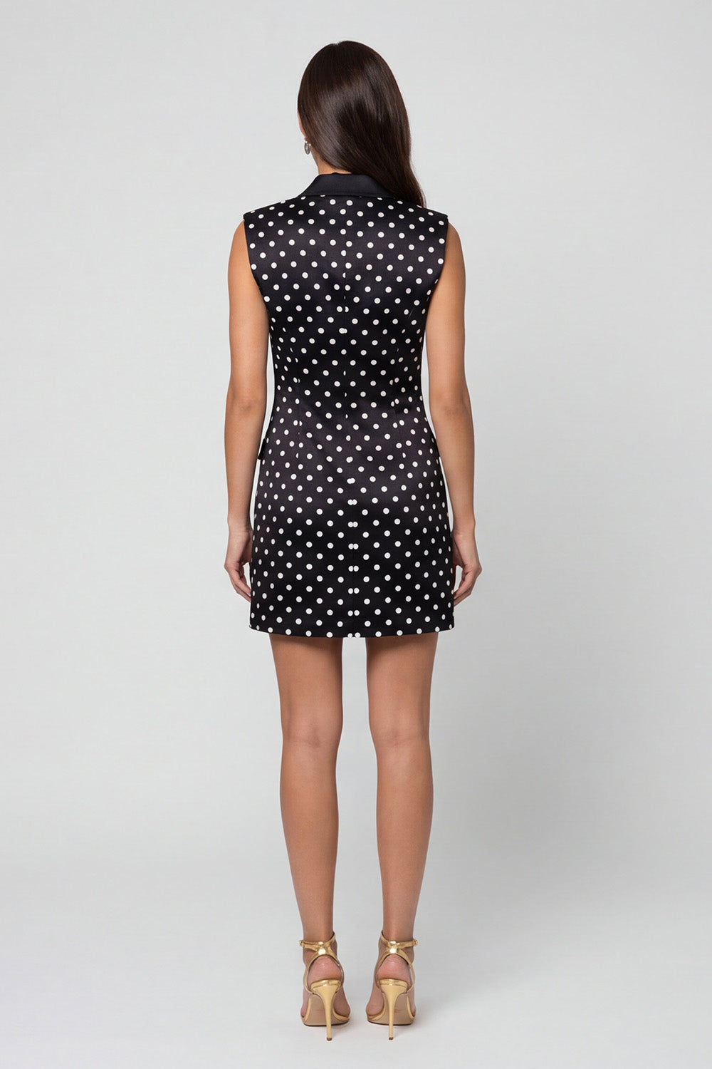 Black and White Polka Dots Double Breasted Peak Lapel Slim Fit Short Blazer Dress