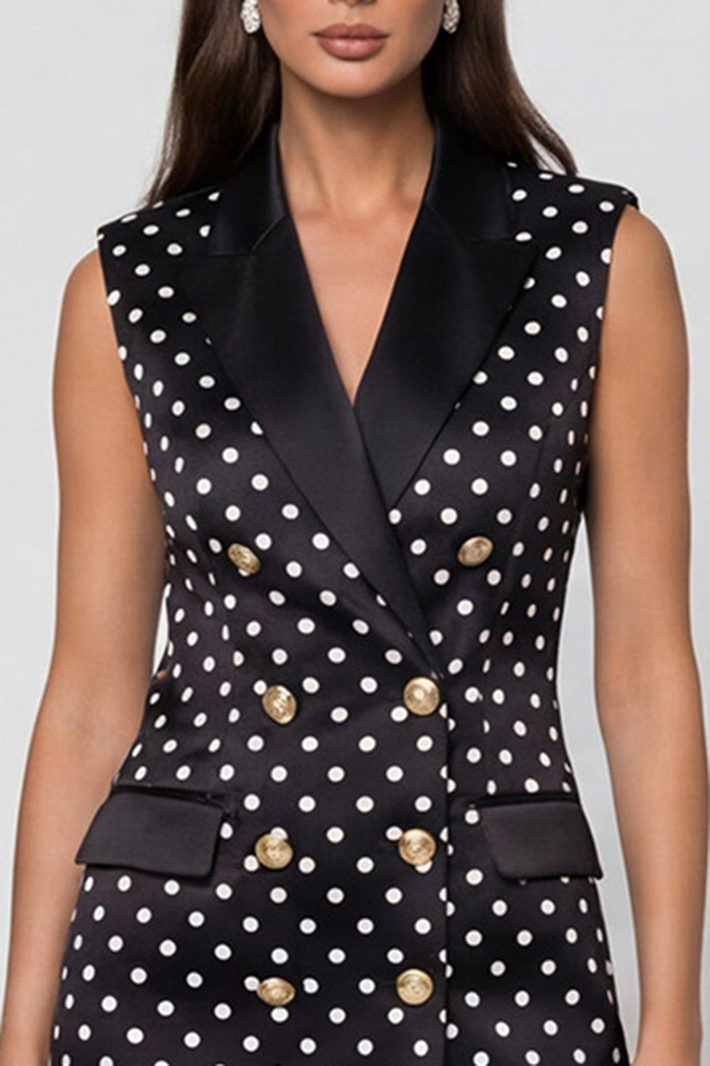 Black and White Polka Dots Double Breasted Peak Lapel Slim Fit Short Blazer Dress