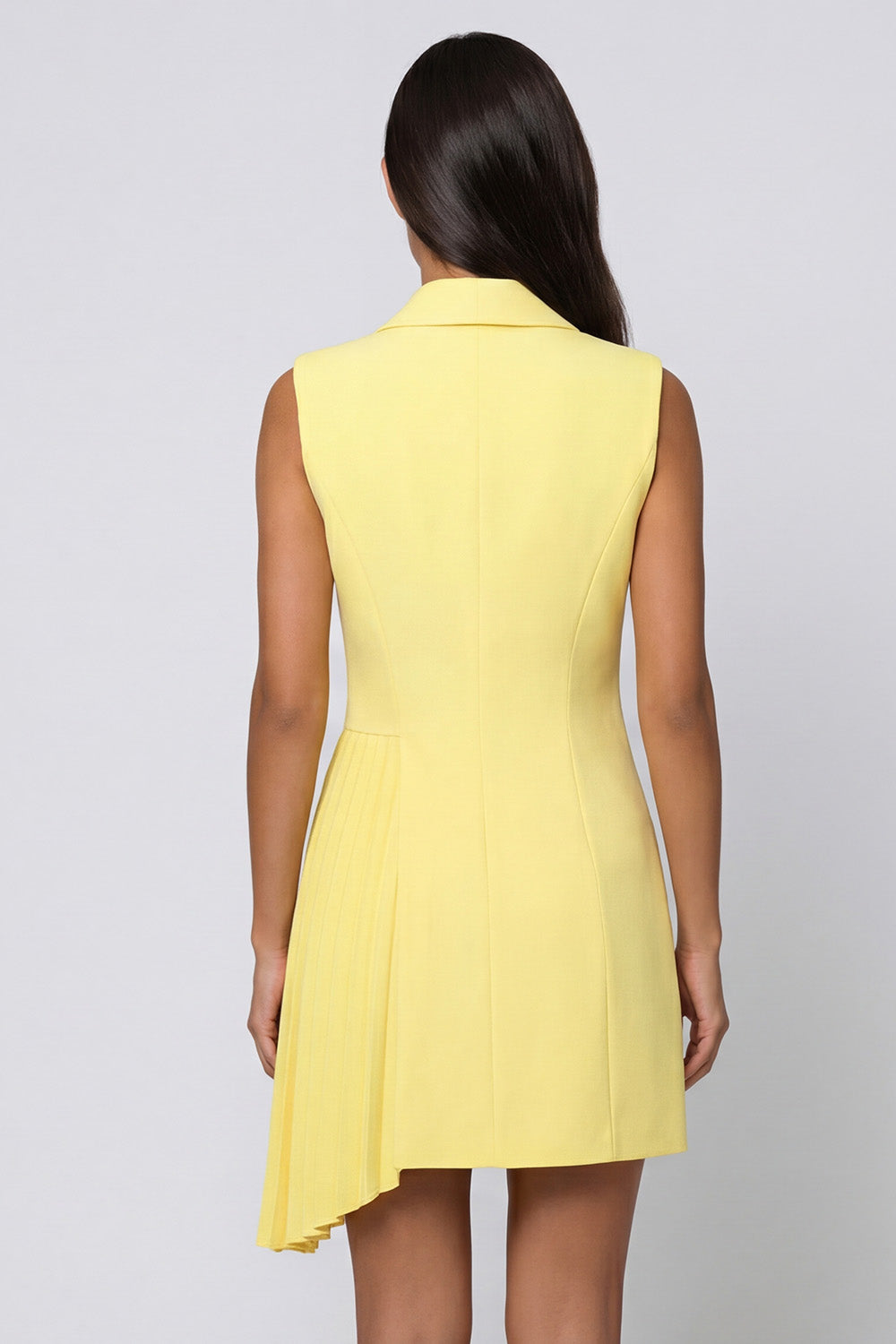 Butter Yellow Shawl Lapel Double Breasted Short Blazer Dress with Pleats