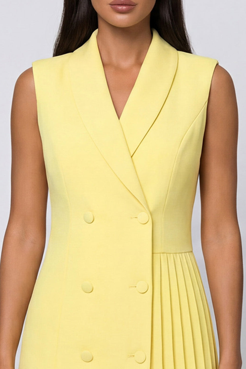 Butter Yellow Shawl Lapel Double Breasted Short Blazer Dress with Pleats