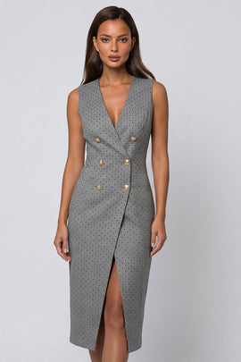 Grey Polka Dots Double Breasted Shawl Lapel Slim Fit Blazer Dress with Slit