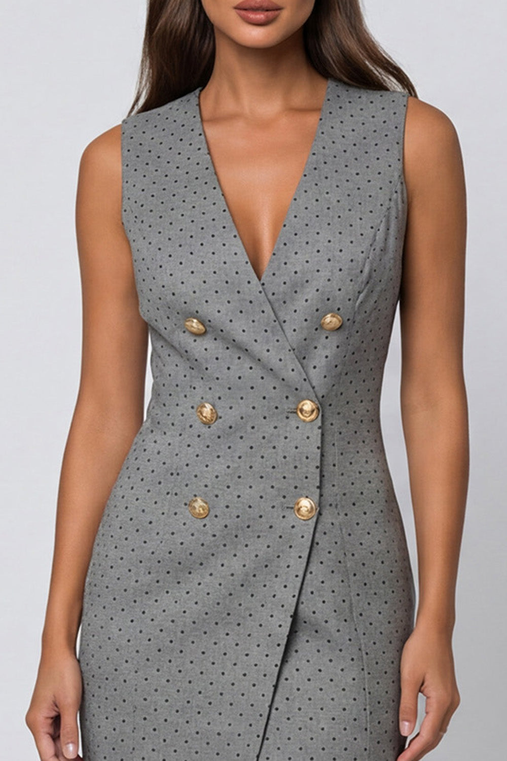 Grey Polka Dots Double Breasted Shawl Lapel Slim Fit Blazer Dress with Slit
