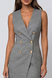 Grey Polka Dots Double Breasted Shawl Lapel Slim Fit Blazer Dress with Slit