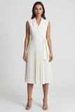 Pleated Ivory Notched Lapel Work Dress with Belt