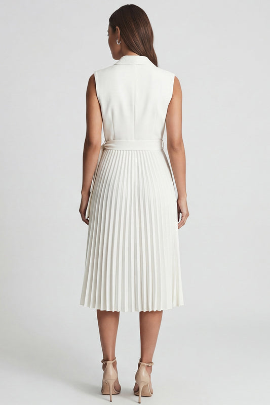 Pleated Ivory Notched Lapel Work Dress with Belt