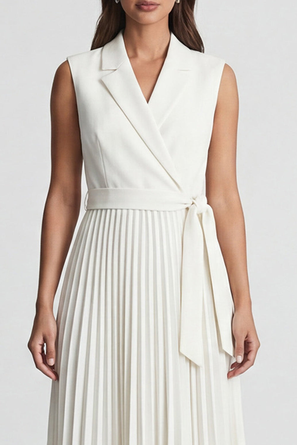 Pleated Ivory Notched Lapel Work Dress with Belt