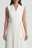 Pleated Ivory Notched Lapel Work Dress with Belt