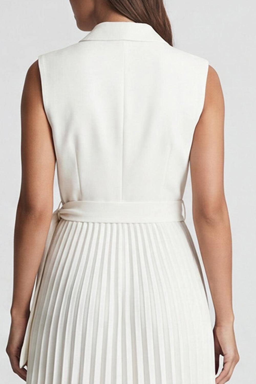 Pleated Ivory Notched Lapel Work Dress with Belt