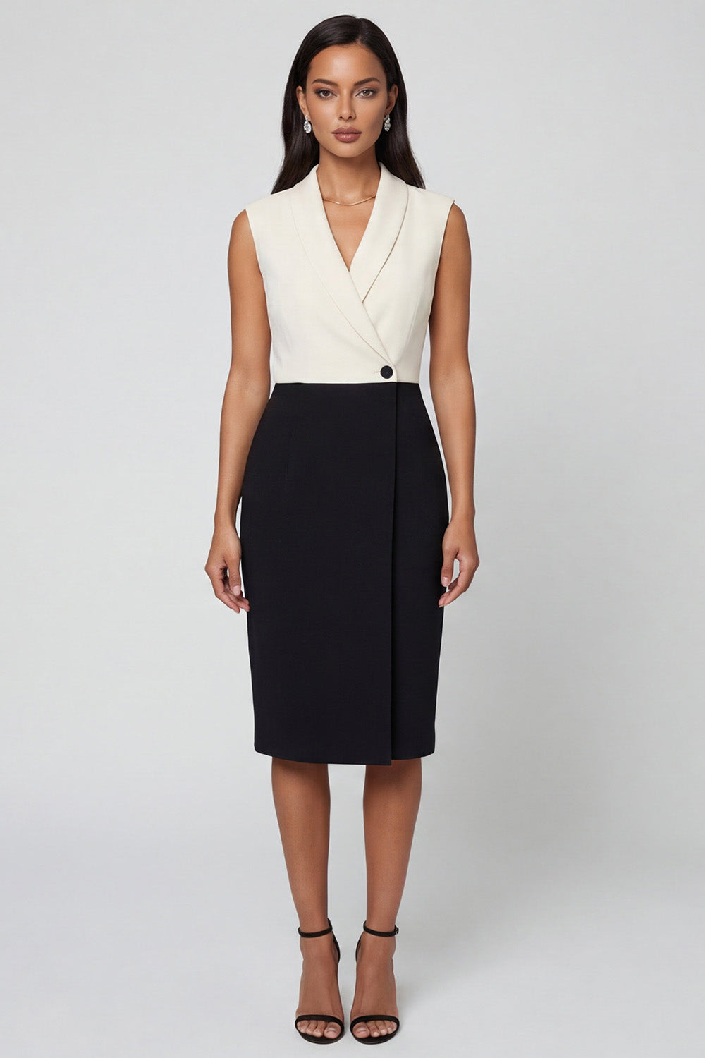 Black and White Color Block Patchwork Shawl Lapel Single Breasted Work Dress