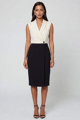 Black and White Color Block Patchwork Shawl Lapel Single Breasted Work Dress