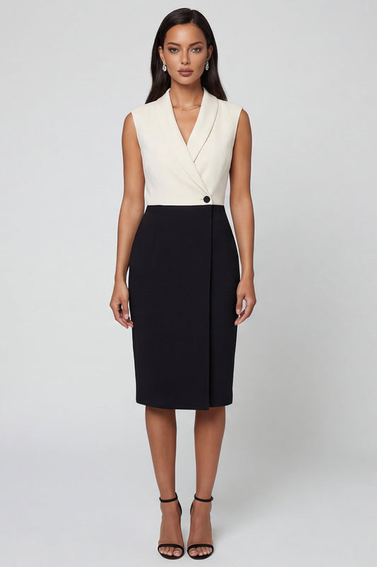 Black and White Color Block Patchwork Shawl Lapel Single Breasted Work Dress