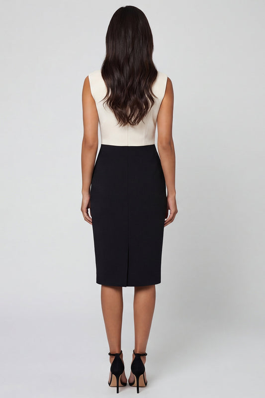 Black and White Color Block Patchwork Shawl Lapel Single Breasted Work Dress