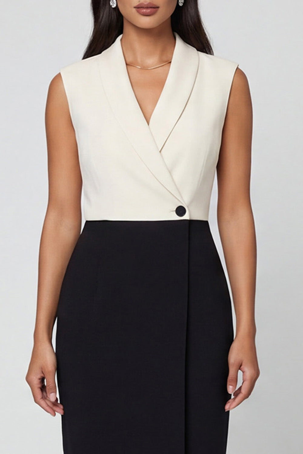 Black and White Color Block Patchwork Shawl Lapel Single Breasted Work Dress