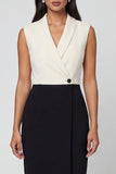 Black and White Color Block Patchwork Shawl Lapel Single Breasted Work Dress