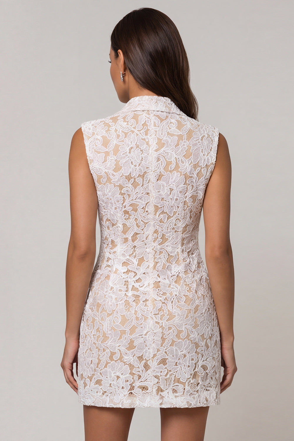 Floral Ivory Double Breasted Peak Lapel Lace Slim Fit Short Blazer Dress