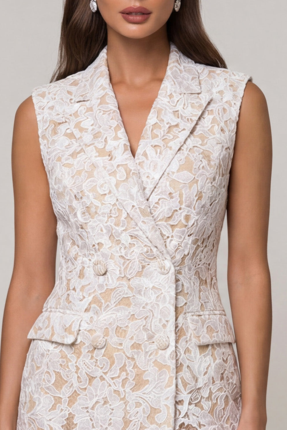 Floral Ivory Double Breasted Peak Lapel Lace Slim Fit Short Blazer Dress