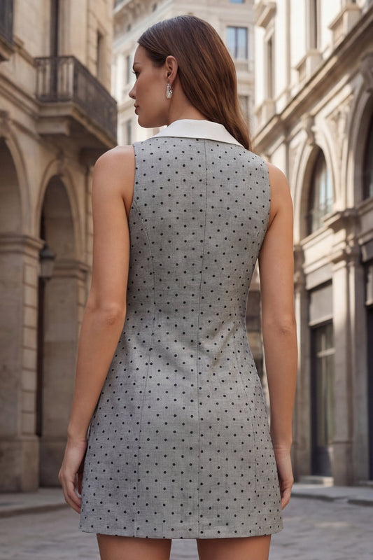 Polka Dots Grey Double Breasted Notched Lapel Slim Fit Short Work Dress