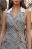 Polka Dots Grey Double Breasted Notched Lapel Slim Fit Short Work Dress