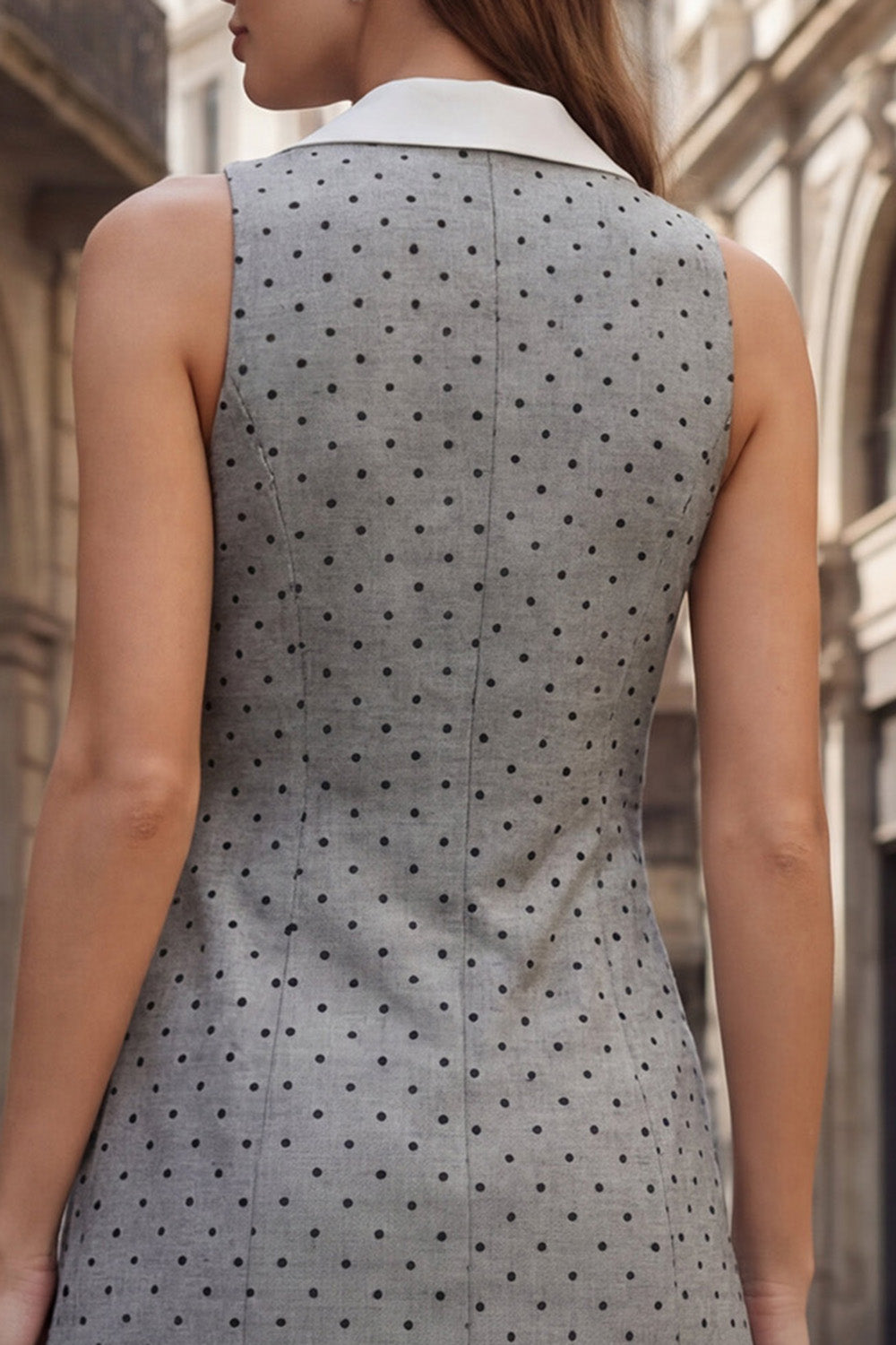 Polka Dots Grey Double Breasted Notched Lapel Slim Fit Short Work Dress