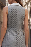 Polka Dots Grey Double Breasted Notched Lapel Slim Fit Short Work Dress