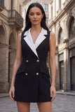 Black Short Double Breasted Notched Lapel Slim Fit Work Dress
