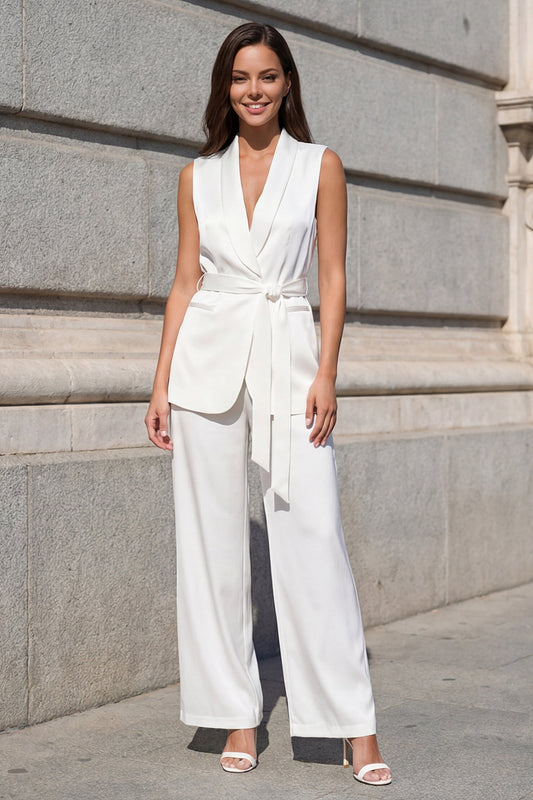White Shawl Lapel 2 Piece Wide Leg Business Suits with Belt