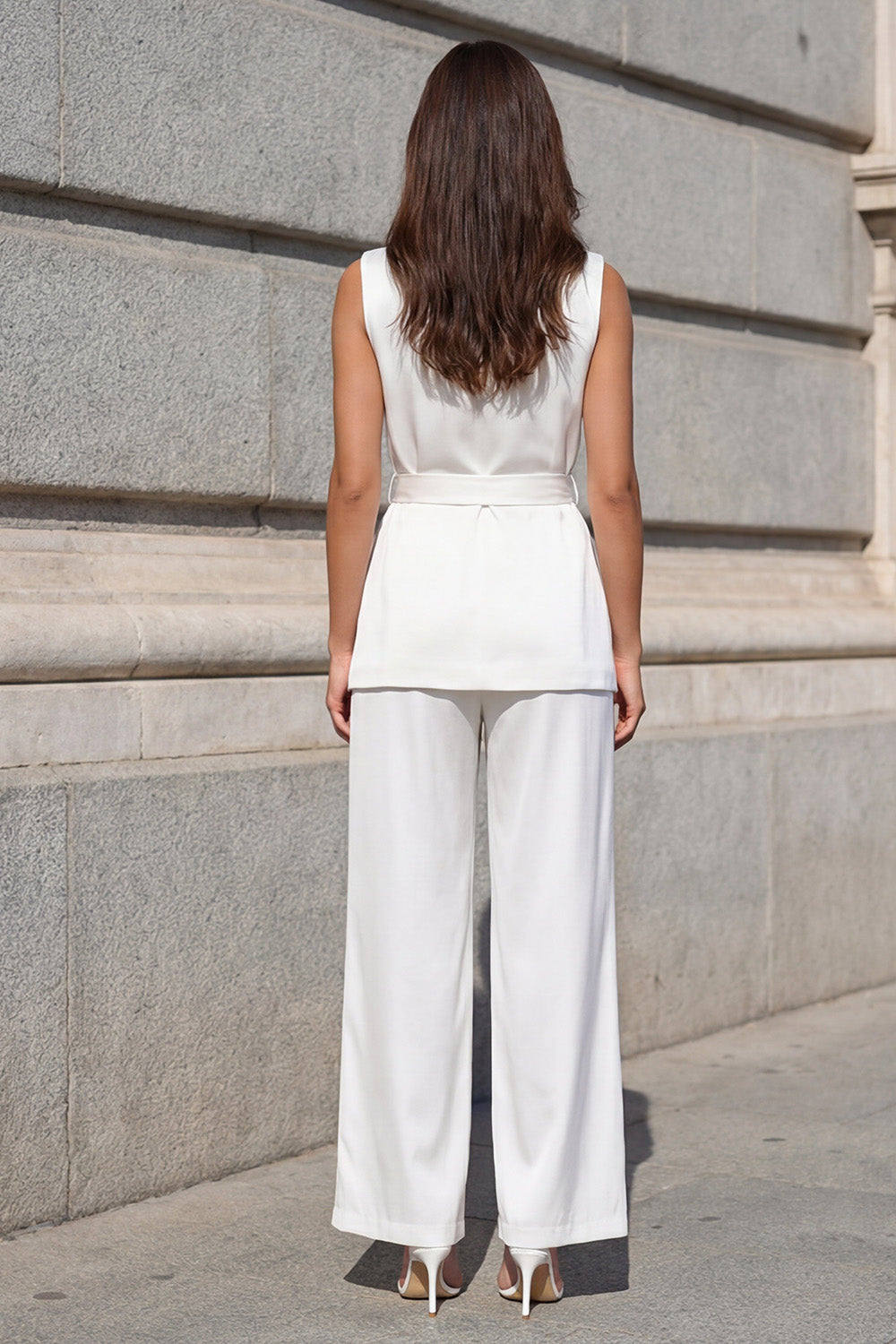 White Shawl Lapel 2 Piece Wide Leg Business Suits with Belt