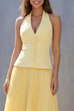 Butter Yellow 2 Piece Single Breasted Halter Backless Business Suits with Pleats