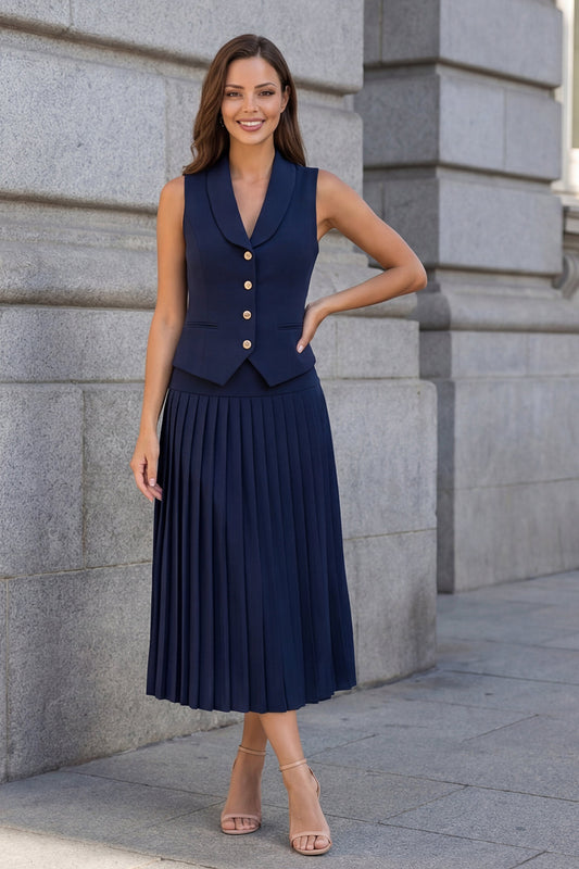Navy Single Breasted 2 Piece Shawl Lapel Business Suits with Pleats