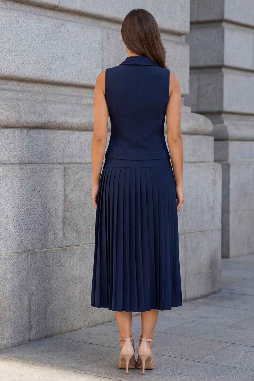 Navy Single Breasted 2 Piece Shawl Lapel Business Suits with Pleats