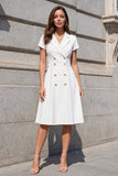 Short Sleeves White Midi Notched Lapel Double Breasted Work Dress