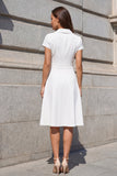 Short Sleeves White Midi Notched Lapel Double Breasted Work Dress