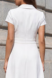 Short Sleeves White Midi Notched Lapel Double Breasted Work Dress