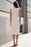 Simple Ivory Midi Bodycon Ruched Work Dress with Slit