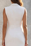 Simple Notched Lapel White Midi Ruched Work Dress